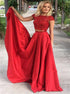 A Line Red Two Pieces Scoop Beadings Cap Sleeves Satin Prom Dresses LBQ2526
